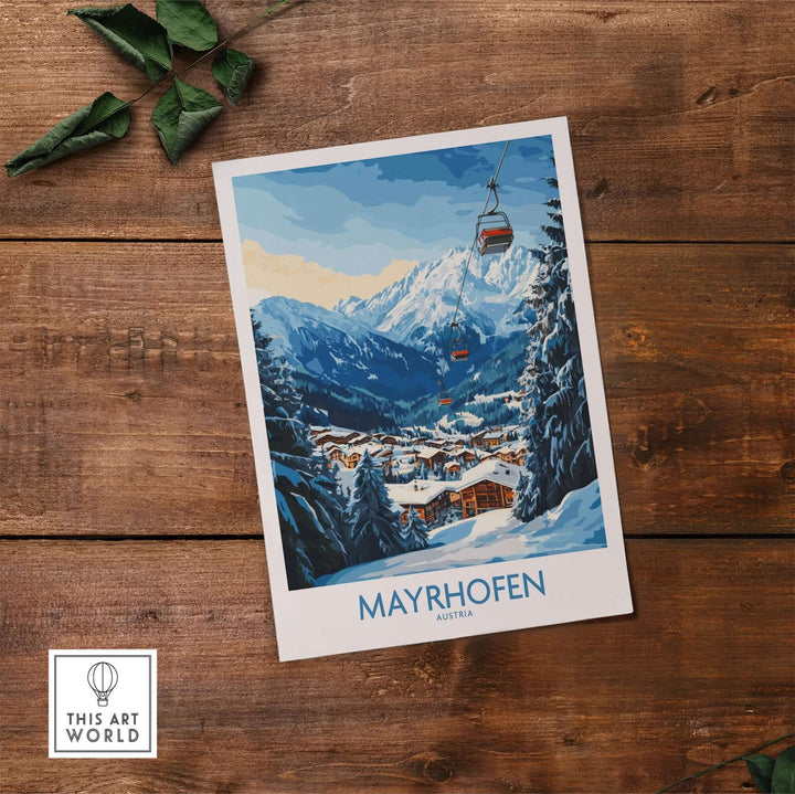 Mayrhofen ski poster featuring stunning mountain scenery and a ski lift against a wooden backdrop. Perfect for ski enthusiasts.