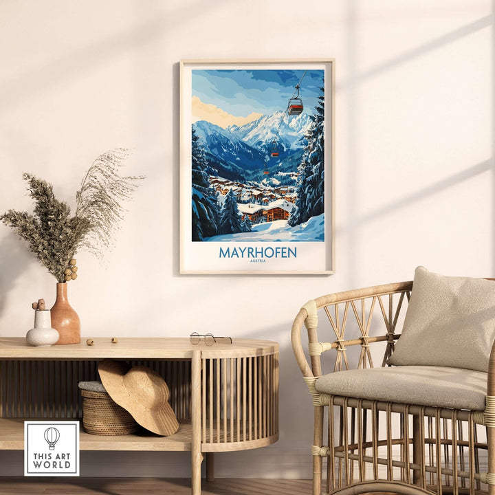 Mayrhofen ski poster featured in a cozy living room setting with a chair and decorative plants.