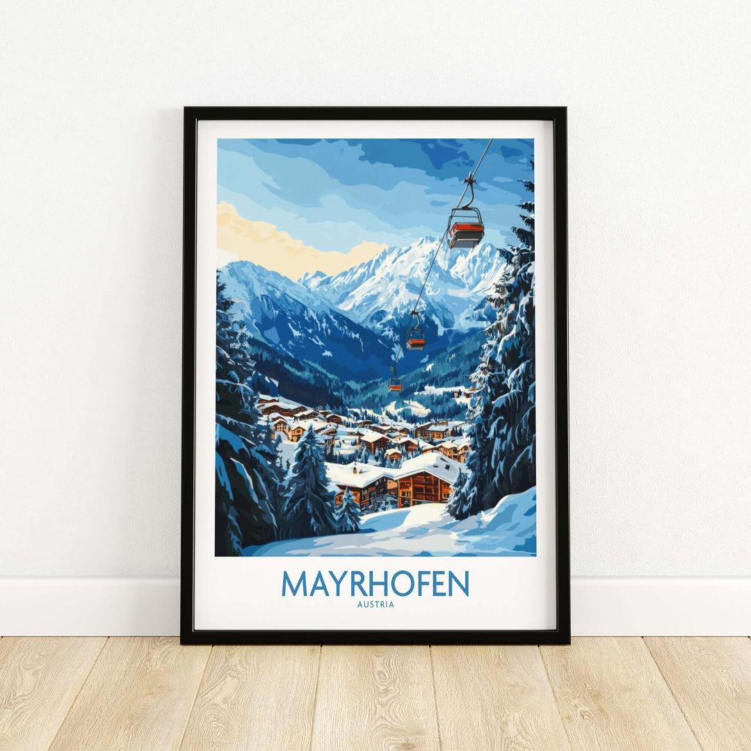 Stunning Mayrhofen ski poster featuring mountains and a chairlift, perfect for skiing enthusiasts and home decor.