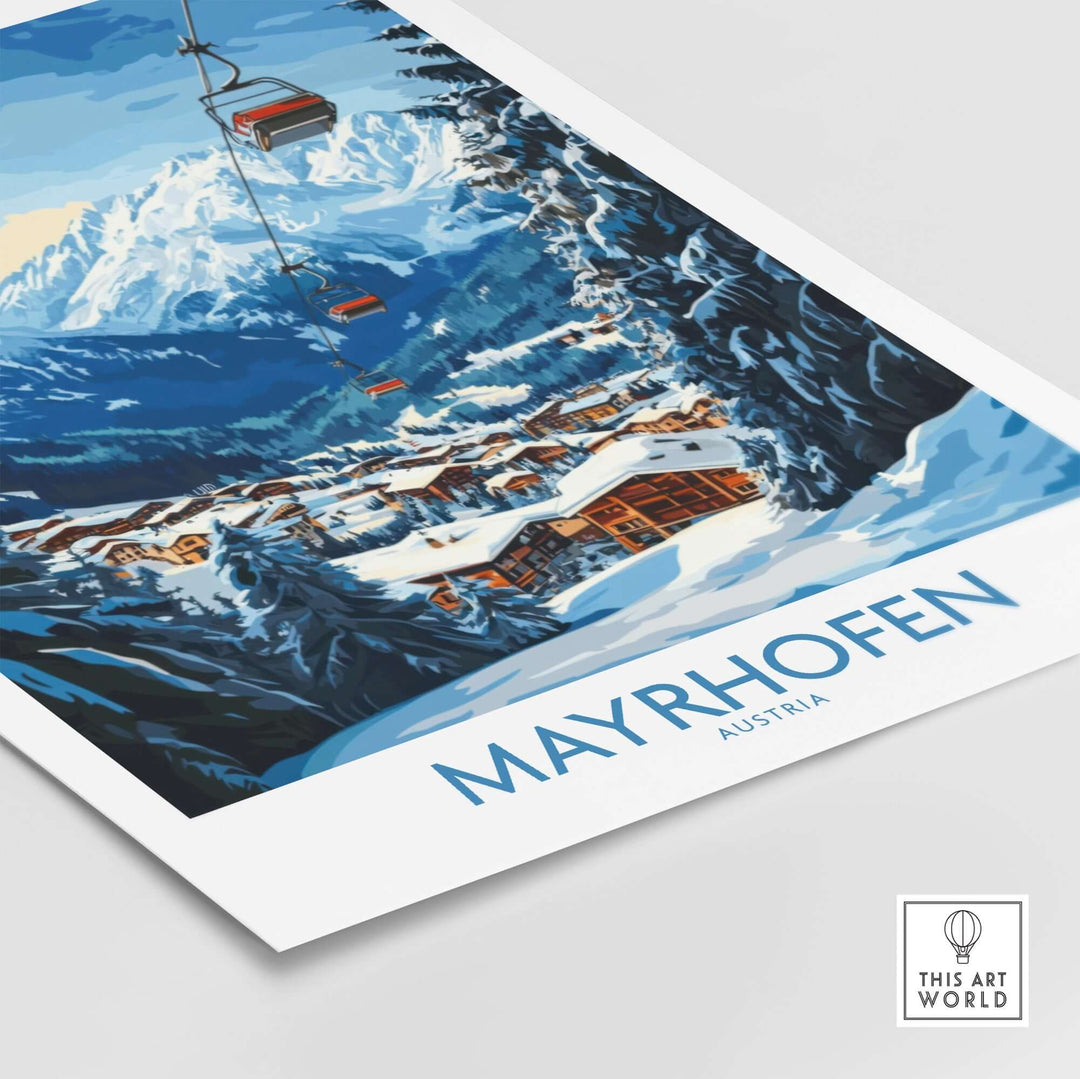 Mayrhofen ski poster featuring stunning alpine scenery and a ski lift in Austria, ideal for winter sports enthusiasts.