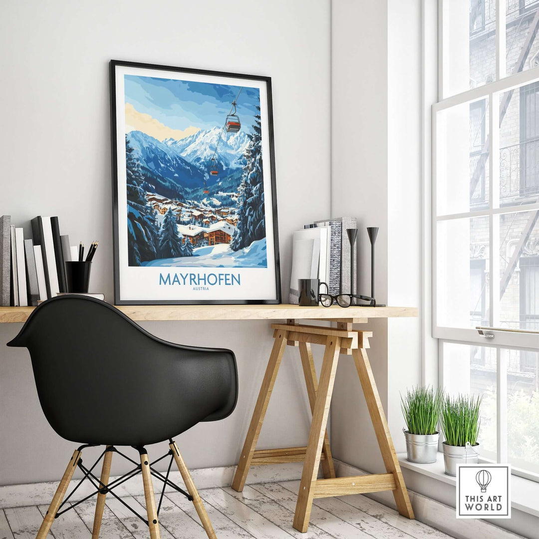 Mayrhofen ski poster displayed in a stylish home office, showcasing the scenic mountains and ski resort.