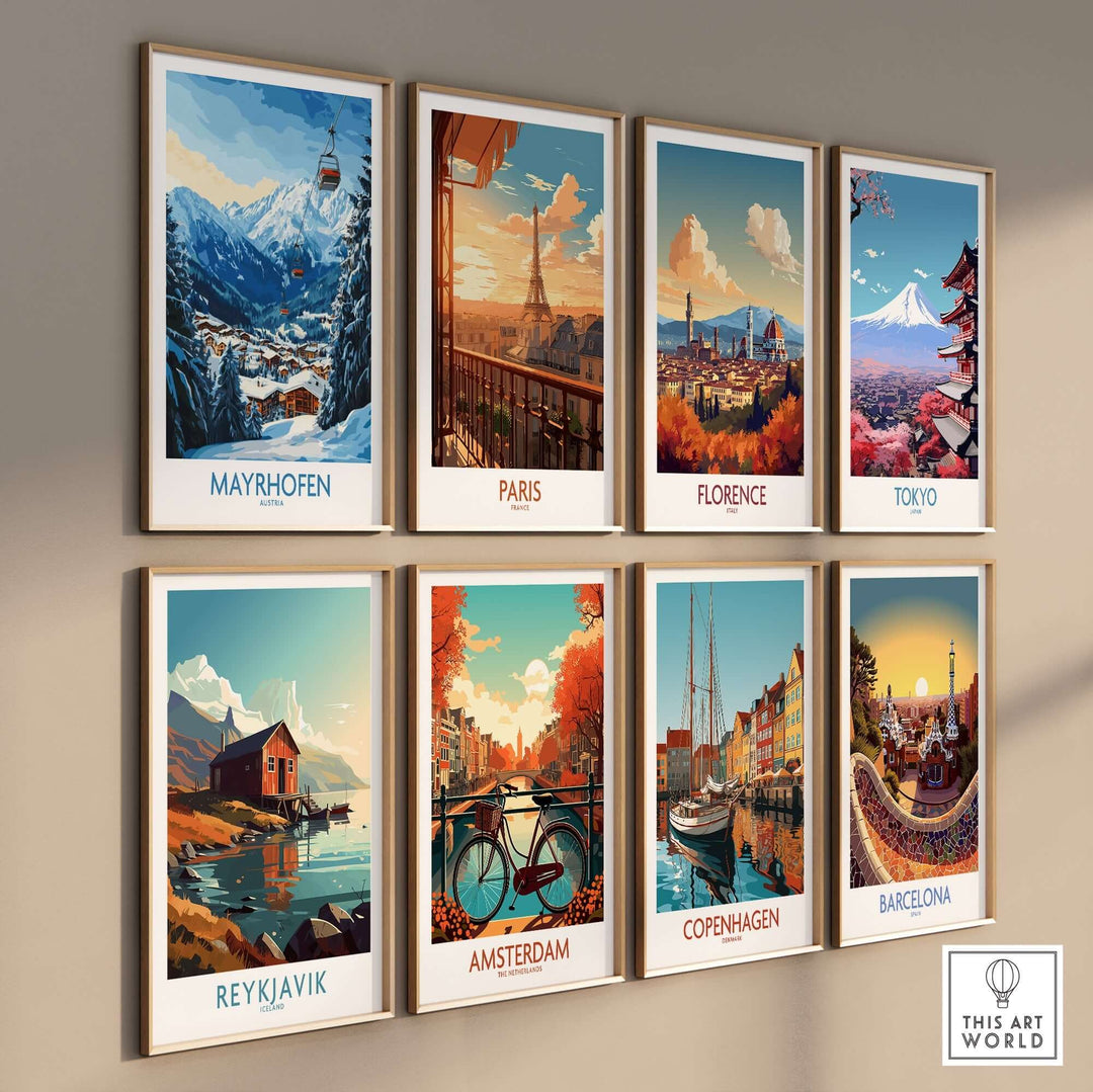 Mayrhofen ski poster and travel art gallery featuring iconic cities like Paris, Florence, Tokyo, and Barcelona on display.