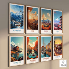Mayrhofen ski poster and travel art gallery featuring iconic cities like Paris, Florence, Tokyo, and Barcelona on display.