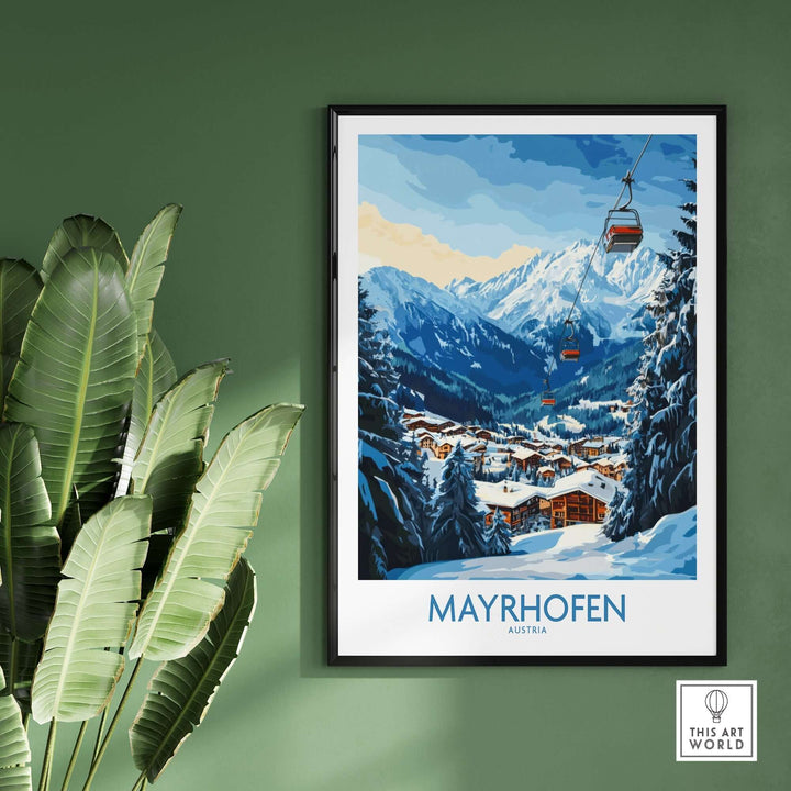 Mayrhofen ski poster featuring stunning mountain scenery and ski lifts, perfect for outdoor enthusiasts and home decor.