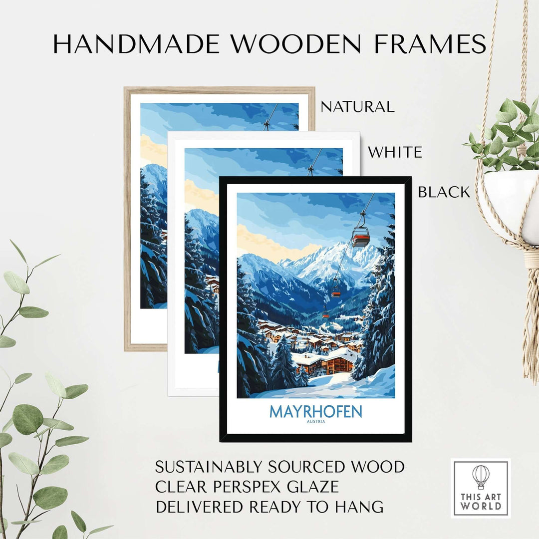 Handmade wooden frames for Mayrhofen ski poster in natural, white, and black options, sustainably sourced with clear perspex glaze.