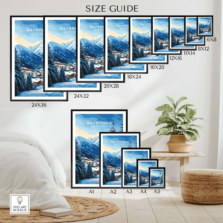 Mayrhofen Ski Print size guide showcasing various frame sizes in an elegant home setting.