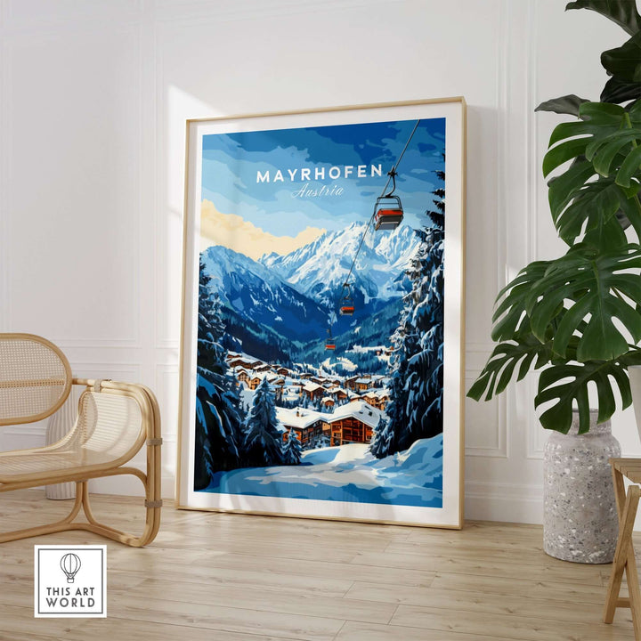 Mayrhofen Ski Print showcasing a stunning mountain landscape with a ski lift in a modern living room setting.