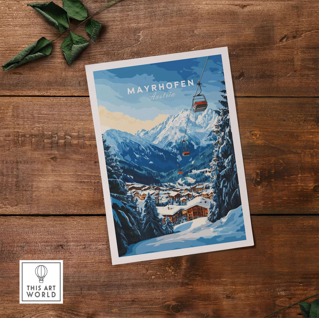 Mayrhofen Ski Print featuring snowy mountains and a ski lift, perfect for winter sports enthusiasts.