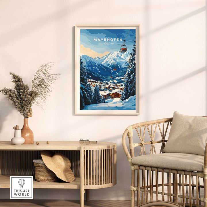 Mayrhofen Ski Print displayed in a cozy living room, showcasing winter mountains and ski lifts, perfect for ski enthusiasts.