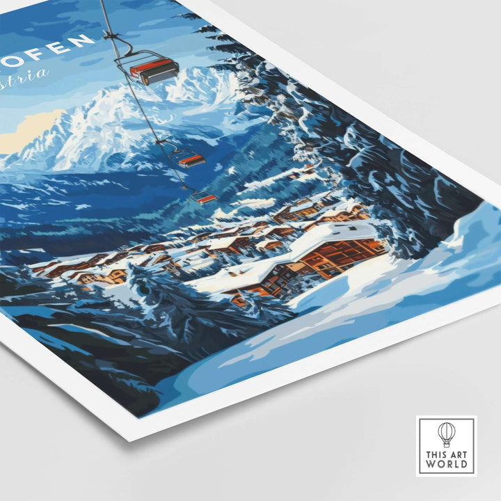 Mayrhofen Ski Print featuring snowy mountains and chairlift, perfect for ski enthusiasts and winter decor.