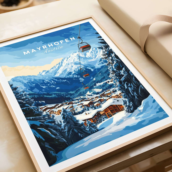 Mayrhofen Ski Print showcasing a scenic winter landscape with ski lifts and snowy mountains in Austria. Perfect for skiing enthusiasts.