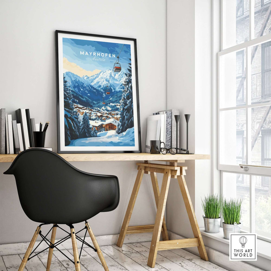 Mayrhofen Ski Print displayed in a stylish home office, showcasing winter slopes and mountain scenery. Perfect for skiing enthusiasts.