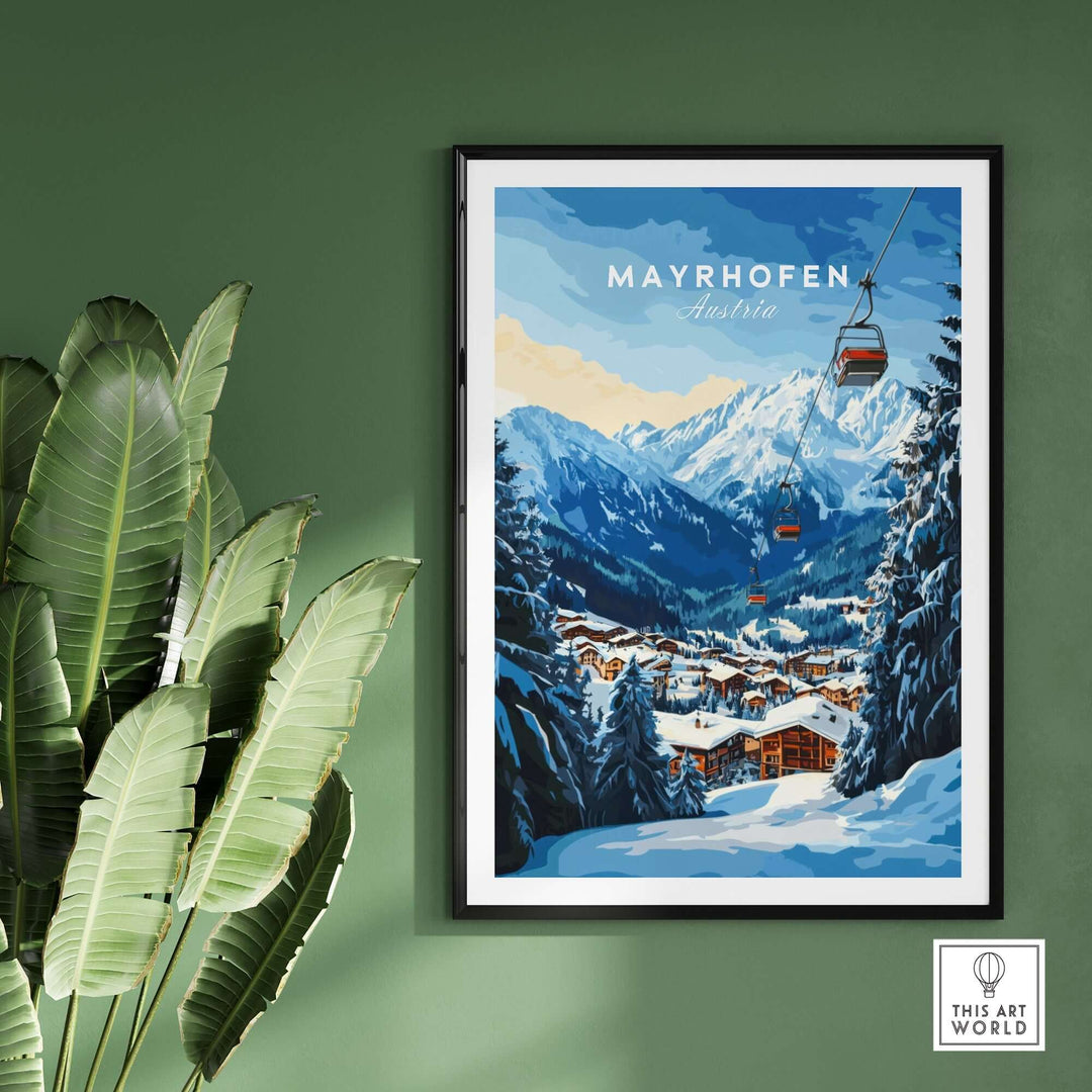 Mayrhofen Ski Print showcasing a scenic winter landscape with mountains and a ski lift, perfect for ski enthusiasts.