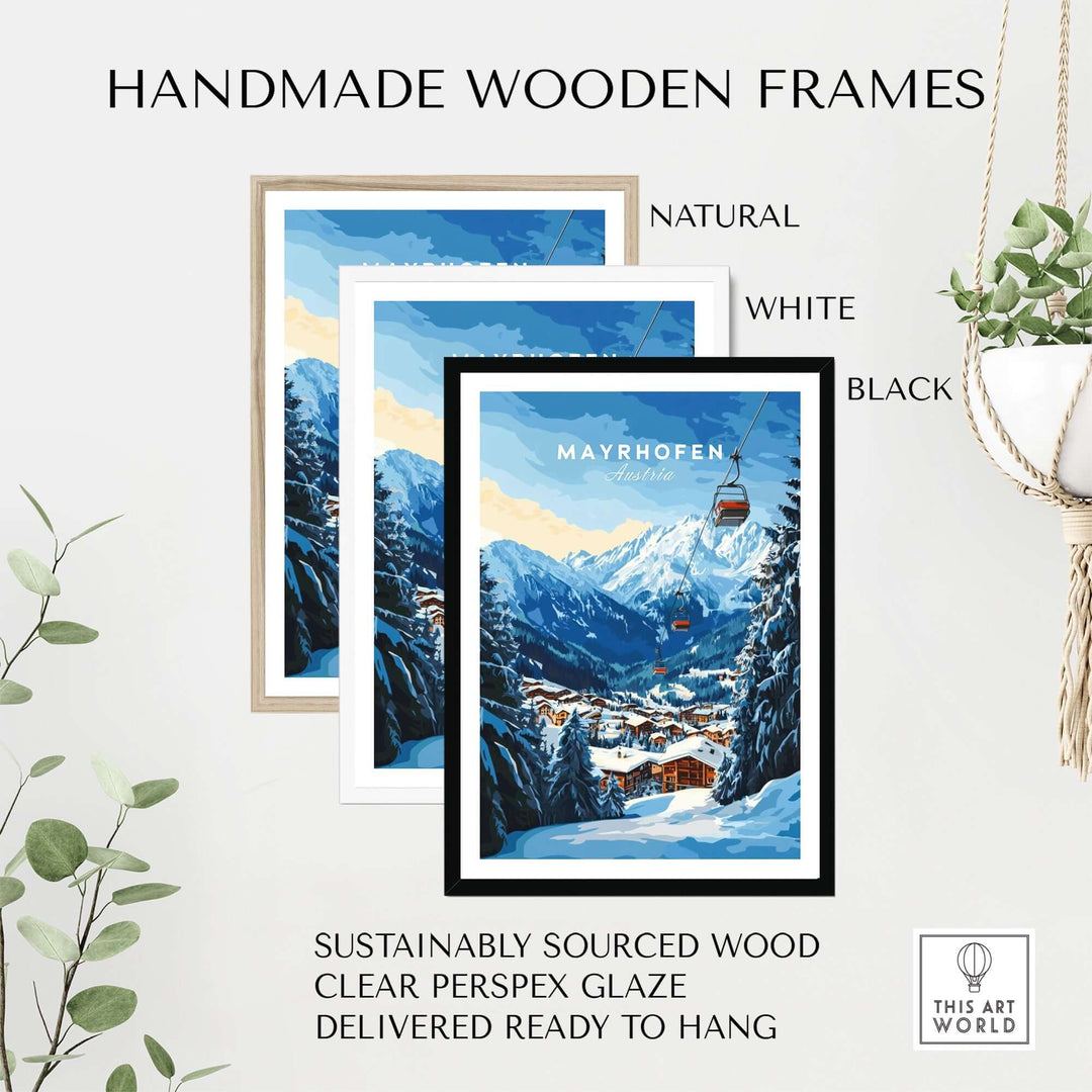 Handmade wooden frames for Mayrhofen ski print in natural, white, and black finishes, sustainably sourced and ready to hang.