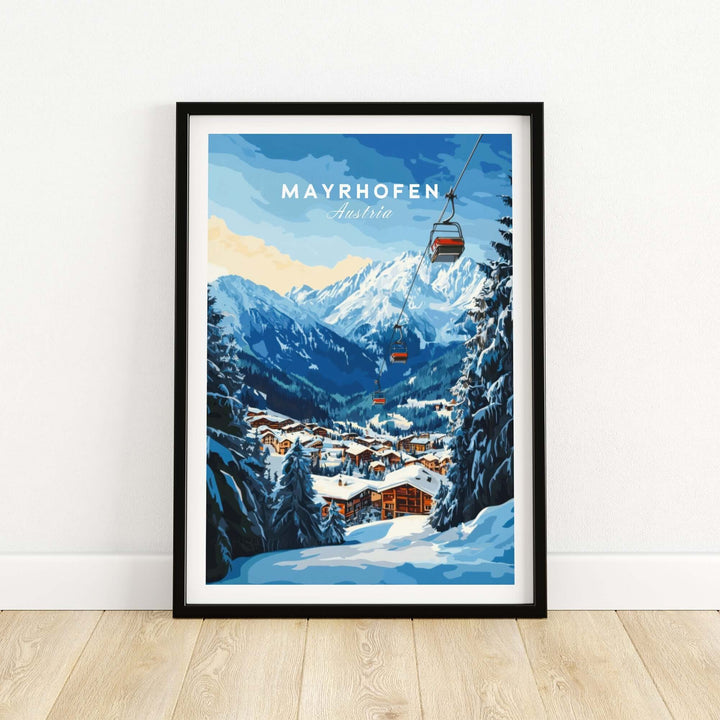 Mayrhofen Ski Print featuring stunning mountain scenery and ski lift in a framed artwork, perfect for winter enthusiasts.