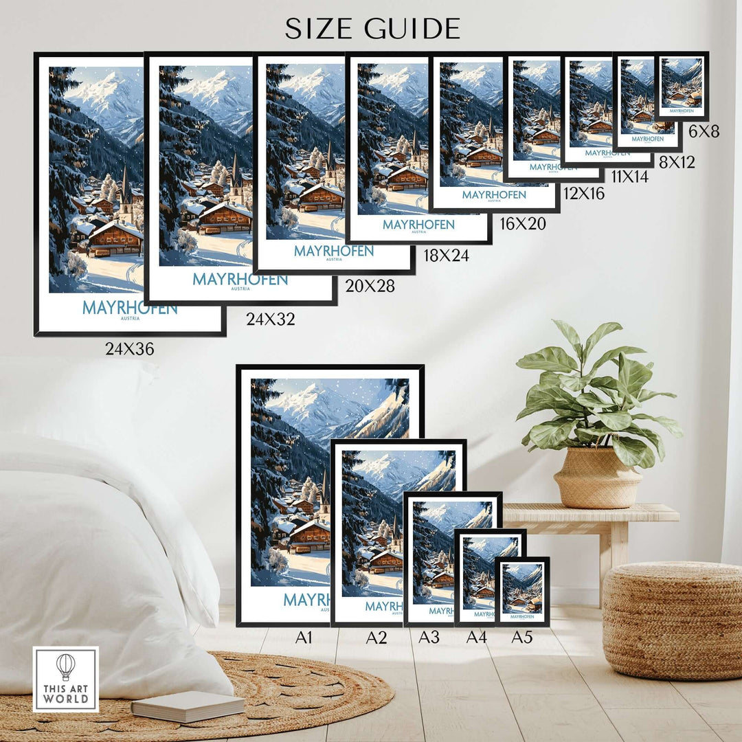 Mayrhofen Ski Wall Art Poster size guide showcasing various frame dimensions in a cozy interior setting.