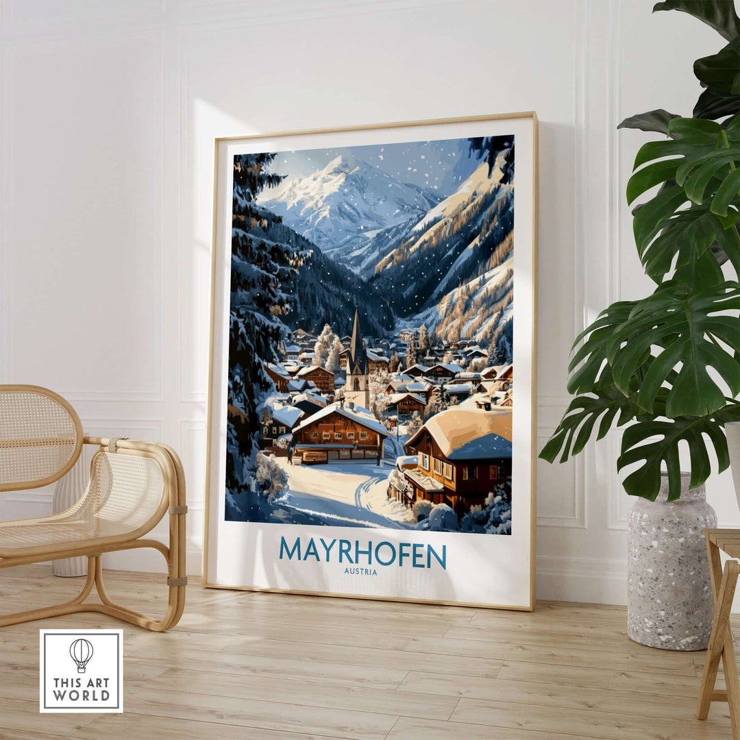 Mayrhofen skiing wall art poster showcasing a winter landscape in the Austrian Alps, perfect for decor enthusiasts.