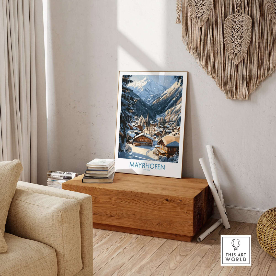 Mayrhofen ski wall art poster displayed in a cozy living room, showcasing the beauty of the Austrian Alps and winter sports.