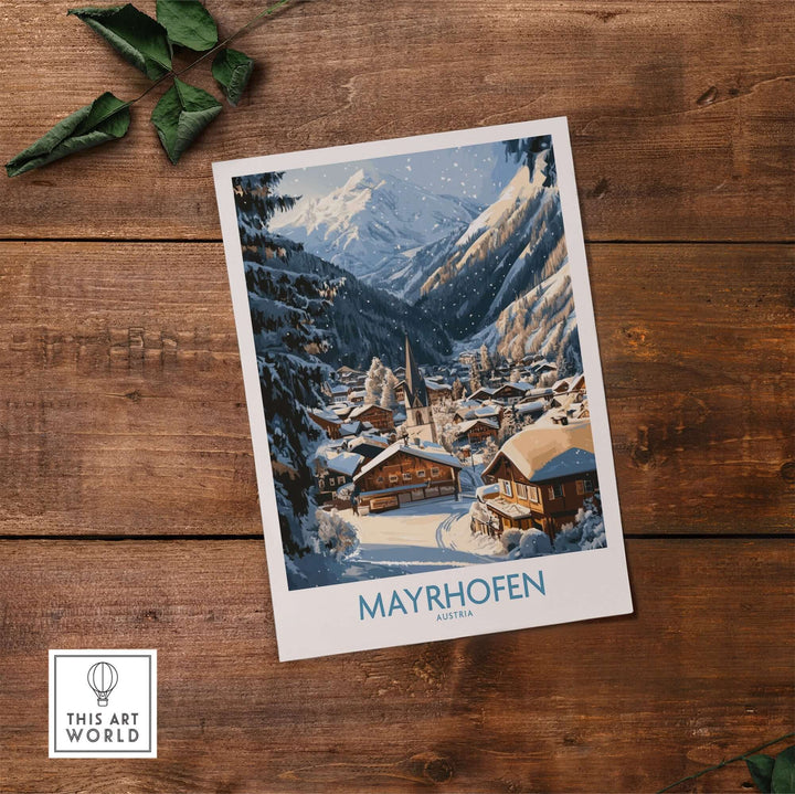 Mayrhofen ski wall art poster featuring a scenic winter landscape in the Austrian Alps, ideal for winter sports enthusiasts.