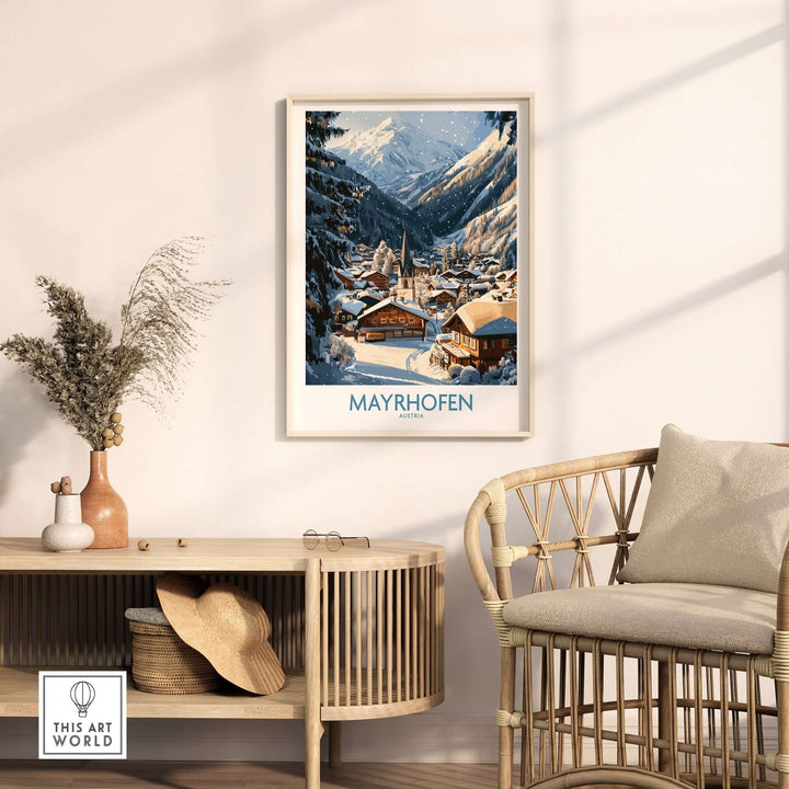 Mayrhofen Ski Wall Art Poster displayed in a cozy room, showcasing winter scenery in the Austrian Alps. Perfect for ski lovers.