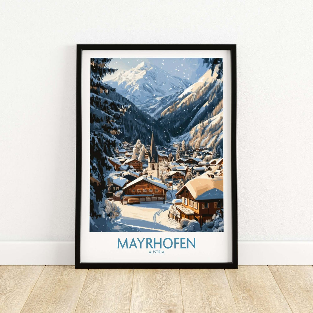 Mayrhofen Ski Wall Art Poster featuring a winter landscape of charming Austrian chalets and snow-covered mountains.