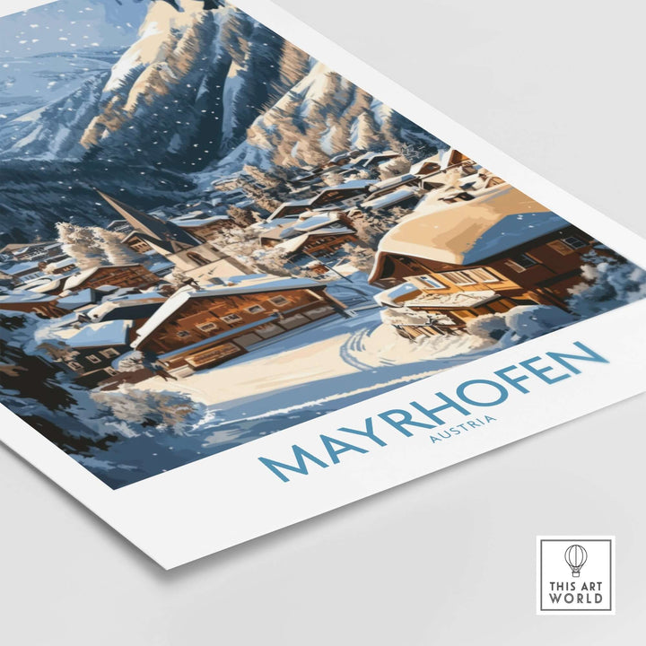 Mayrhofen wall art poster featuring a snowy village in the Austrian Alps, perfect for winter sports enthusiasts.