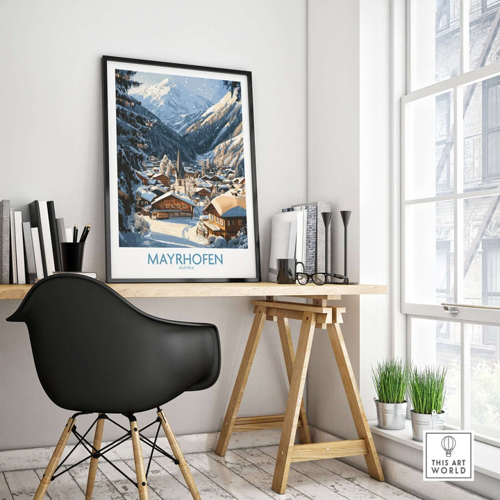 Mayrhofen Ski Wall Art Poster displayed in a modern home office, showcasing a stunning winter landscape of the Austrian Alps.