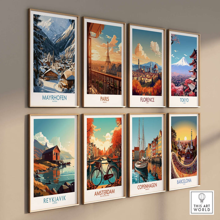 Mayrhofen Ski Wall Art Poster collection featuring scenes from Paris, Florence, Tokyo, Reykjavik, Amsterdam, Copenhagen, and Barcelona.