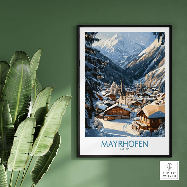 Mayrhofen Ski Wall Art Poster featuring a winter landscape of Austrian Alps and charming village scene. Perfect for winter decor.