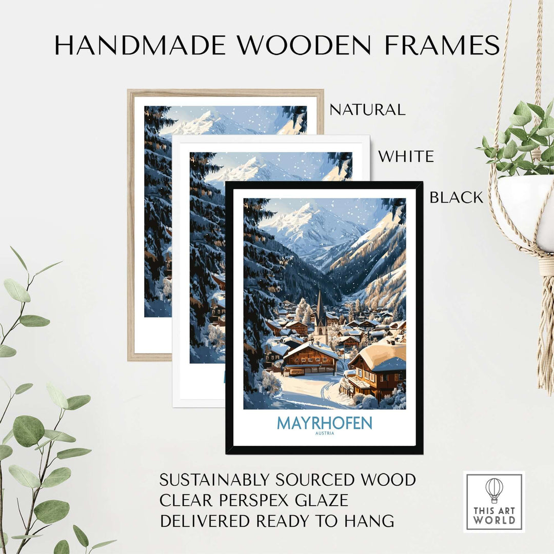 Mayrhofen ski wall art poster in handmade wooden frames, showing natural, white, and black options with green foliage.