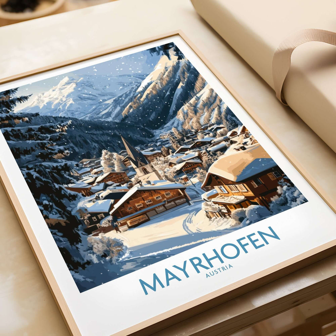 Mayrhofen Ski Wall Art Poster showcasing a snowy Alpine village in Austria, perfect for winter sports enthusiasts and home decor.