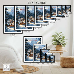 Mayrhofen Ski Wall Art Print size guide showcasing various frame sizes and styles for home decor.