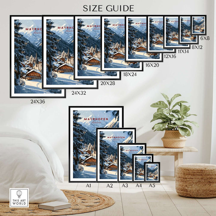 Mayrhofen Ski Wall Art Print size guide showcasing various frame sizes and styles for home decor.