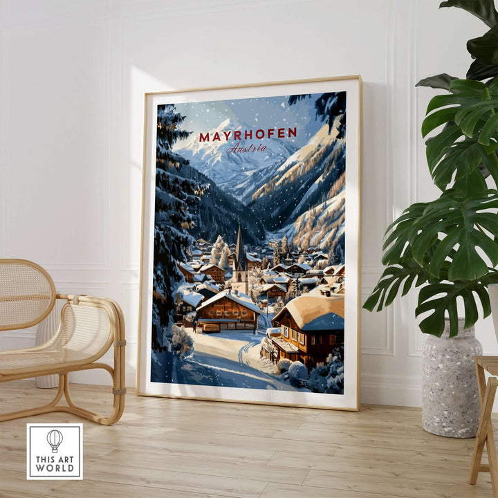 Mayrhofen Ski Wall Art Print displayed in a cozy room, showcasing a winter scene of the Austrian Alps.