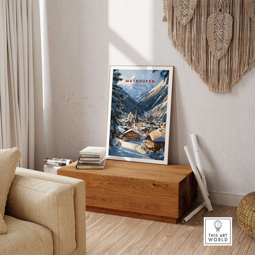 Mayrhofen Ski Wall Art Print displayed in a cozy living room, enhancing the rustic ambiance with ski chalet vibes.