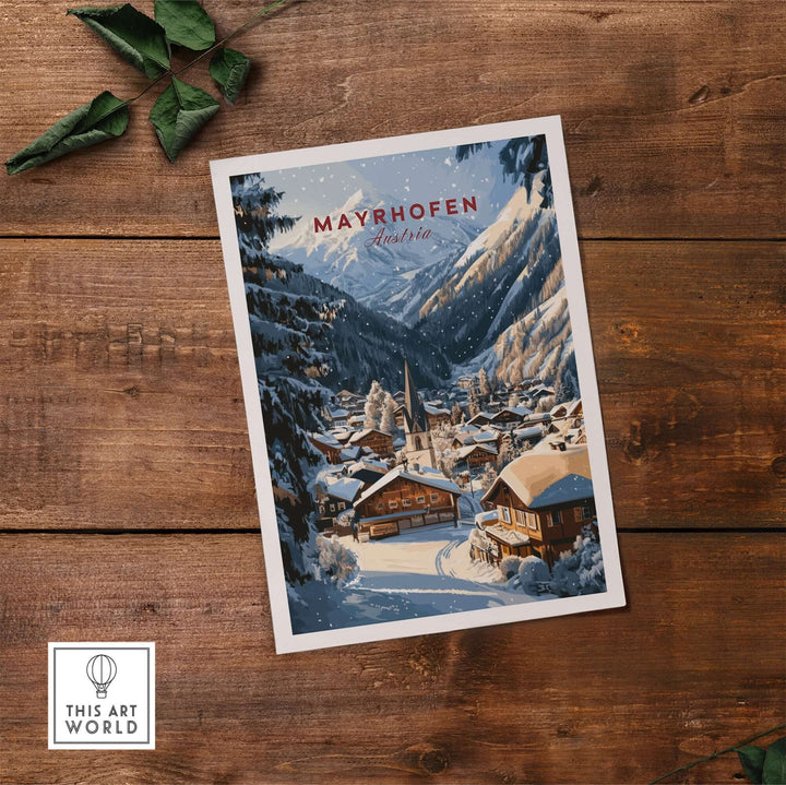 Mayrhofen Ski Wall Art Print featuring a picturesque snowy village scene in Austria, perfect for ski enthusiasts' decor.