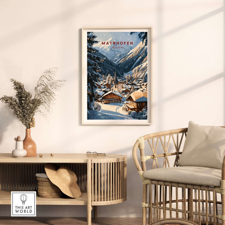 Mayrhofen Ski Wall Art Print showcasing a snowy mountain village, perfect for home or office decor.