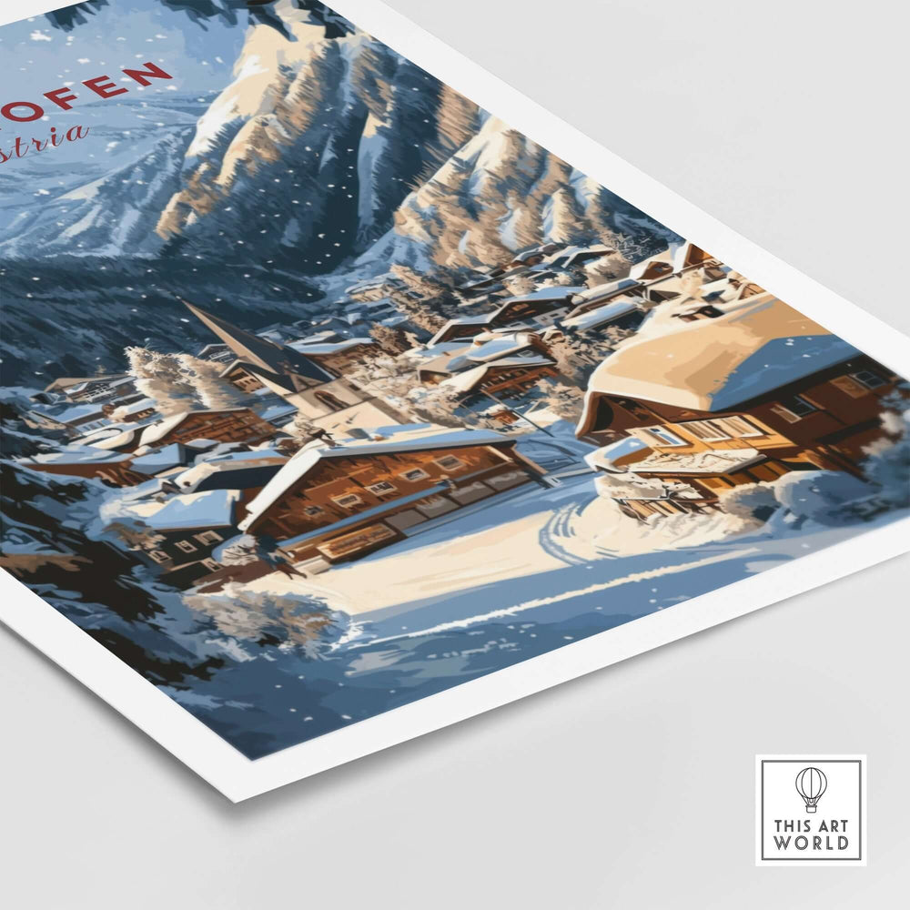 Mayrhofen Ski Wall Art Print showcasing a snowy Alpine village scene, ideal for ski lovers and home decor enthusiasts.