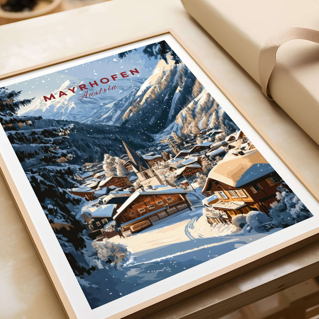 Mayrhofen Ski Wall Art Print featuring a snowy landscape in Austria, perfect for ski enthusiasts and home decor.