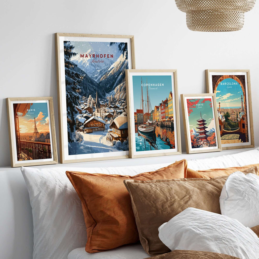 Mayrhofen Ski Wall Art Print displayed with other city art prints in a cozy home setting, enhancing interior decor.