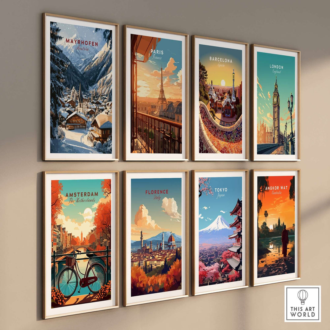 Colorful travel-themed wall art prints including Mayrhofen, Paris, Barcelona, and more, enhancing any living space.