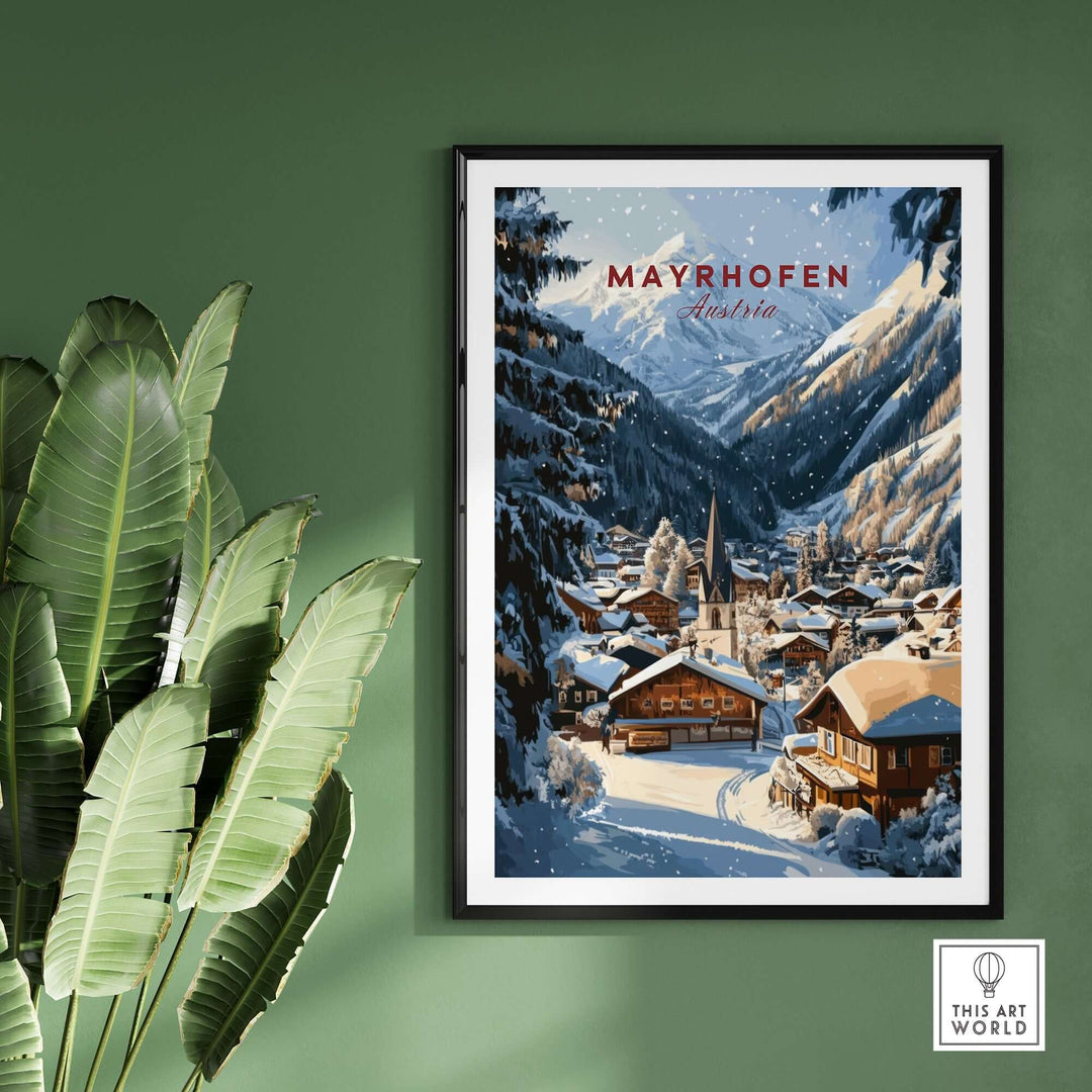 Mayrhofen Ski wall art print showcasing a picturesque snowy village scene, perfect for ski enthusiasts' home decor.