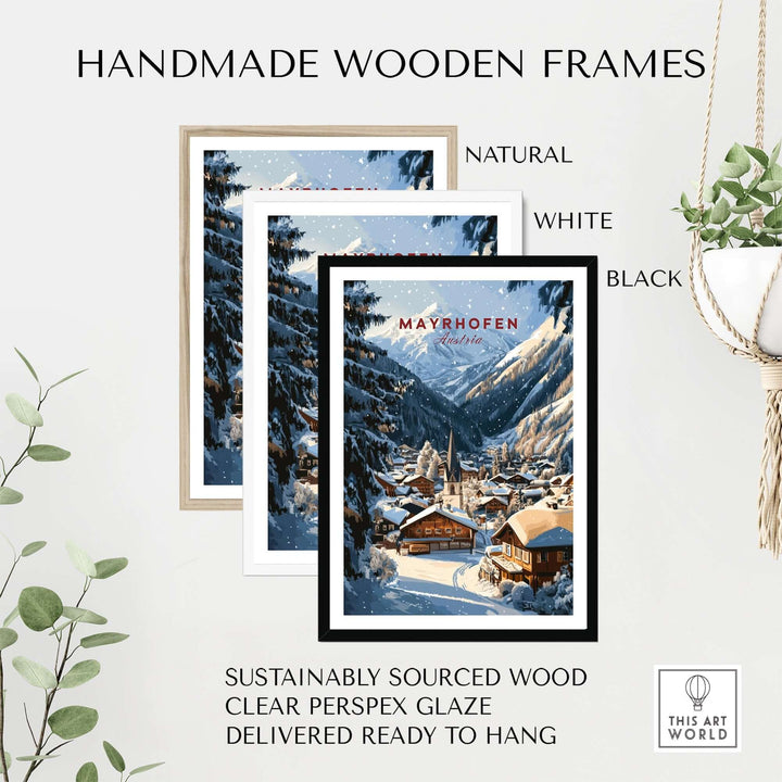 Handmade wooden frames in natural, white, and black for Mayrhofen ski wall art, sustainably sourced and ready to hang.