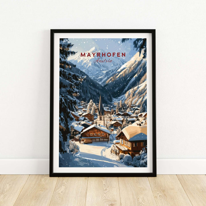 Mayrhofen Ski Wall Art Print showcasing a snowy village landscape in Austria, ideal for ski enthusiasts and home decor.