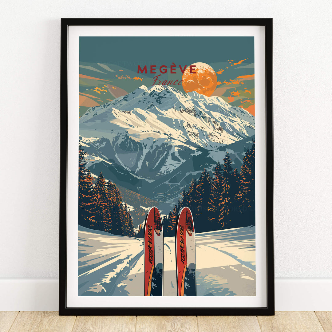 Megève Travel Poster - France showcasing ski equipment against a backdrop of snow-capped mountains in the French Alps.
