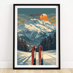 Megève Travel Poster - France showcasing ski equipment against a backdrop of snow-capped mountains in the French Alps.