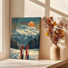 Megève Travel Poster - France featuring stunning alpine mountains and ski gear in a bright room.