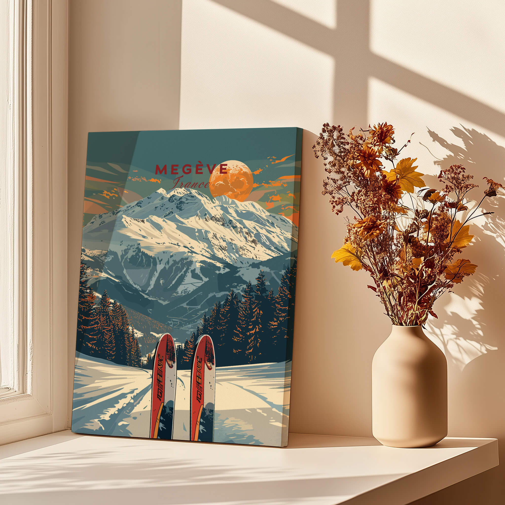Megève Travel Poster - France featuring stunning alpine mountains and ski gear in a bright room.