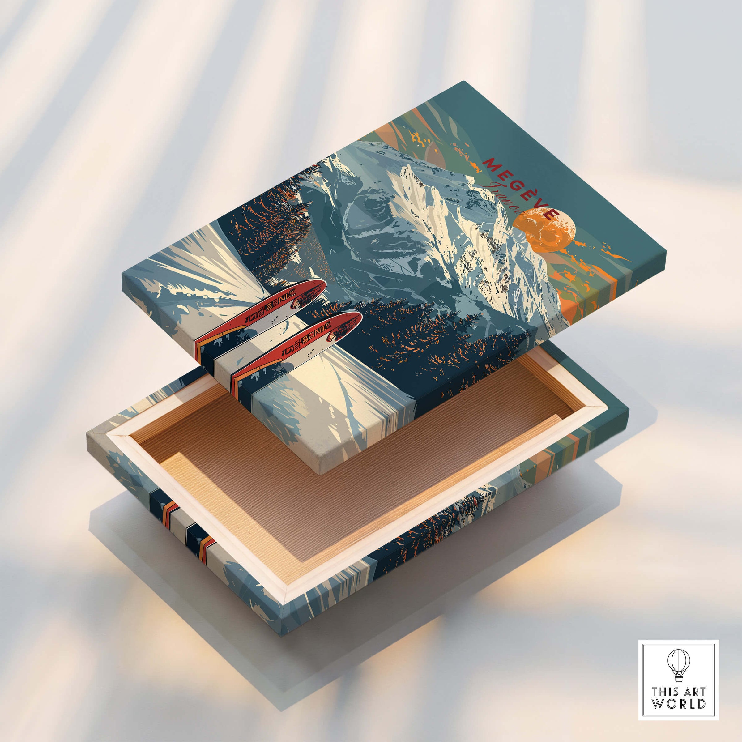 Megève Travel Poster - France displayed on a decorative box with snowy mountains and retro skis design.