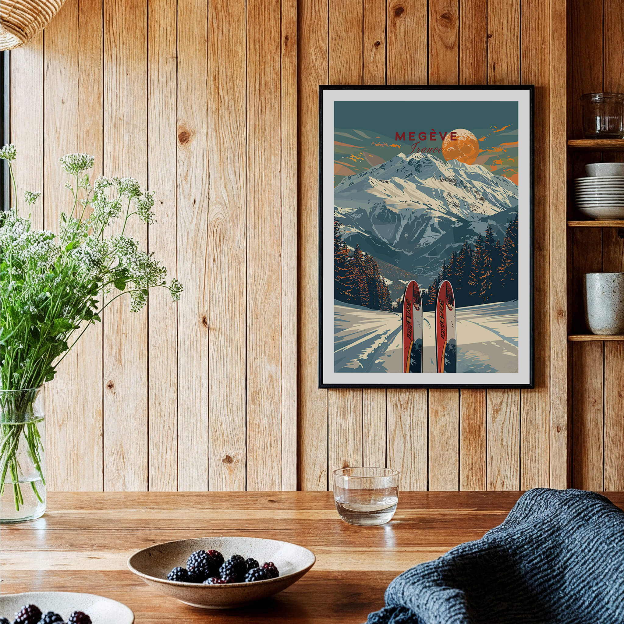 Megève Travel Poster -  France displayed in a cozy setting with wooden walls and modern decor, capturing the beauty of the Alps.